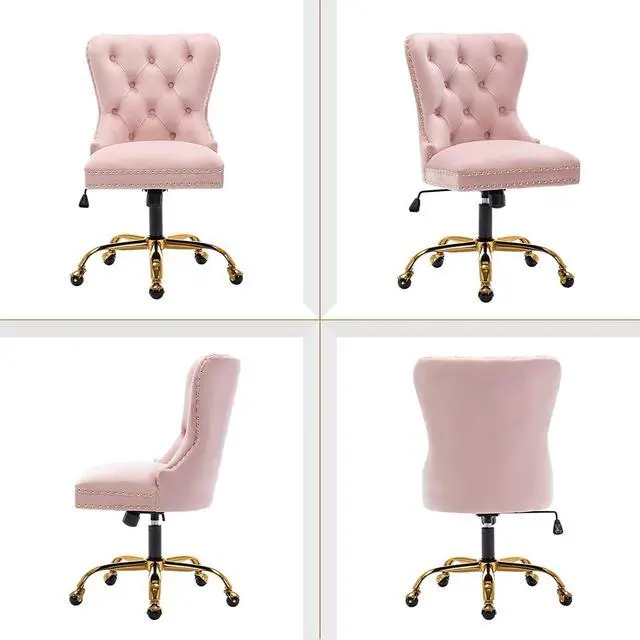 Alt view image 6 of 7 - Velvet Home Office, Upholstered Adjustable Swivel desk chair with Gold Base, Tufted Study with Comfy High Back for Teens Study Makeup Pink