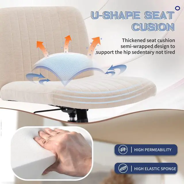 Alt view image 5 of 7 - Wide Office Chair Vanity Chair Armless Home Office Desk Chair 120° Rocking Mid Back Ergonomic Computer Chair No Wheels Task Chair Fabric Padded Swivel Chair (Light Beige with Cross Base)