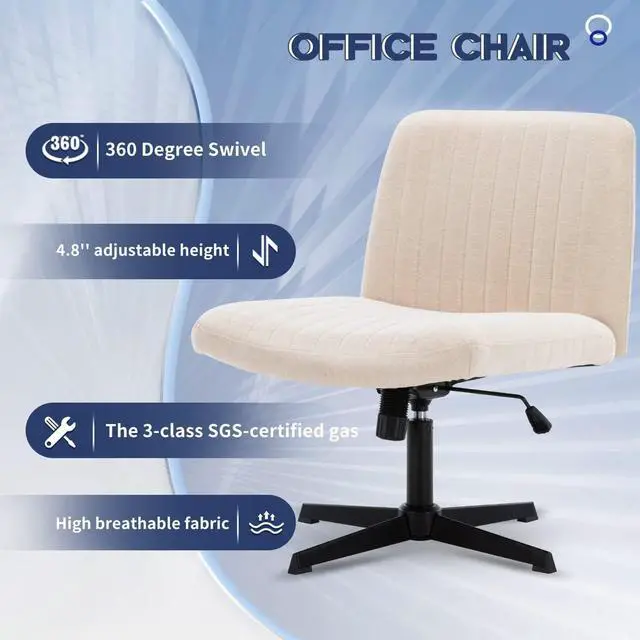 Alt view image 6 of 7 - Wide Office Chair Vanity Chair Armless Home Office Desk Chair 120° Rocking Mid Back Ergonomic Computer Chair No Wheels Task Chair Fabric Padded Swivel Chair (Light Beige with Cross Base)