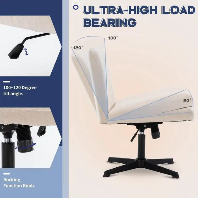 Alt view image 4 of 7 - Wide Office Chair Vanity Chair Armless Home Office Desk Chair 120° Rocking Mid Back Ergonomic Computer Chair No Wheels Task Chair Fabric Padded Swivel Chair (Light Beige with Cross Base)