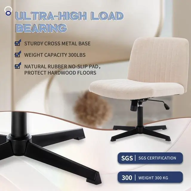 Alt view image 3 of 7 - Wide Office Chair Vanity Chair Armless Home Office Desk Chair 120° Rocking Mid Back Ergonomic Computer Chair No Wheels Task Chair Fabric Padded Swivel Chair (Light Beige with Cross Base)