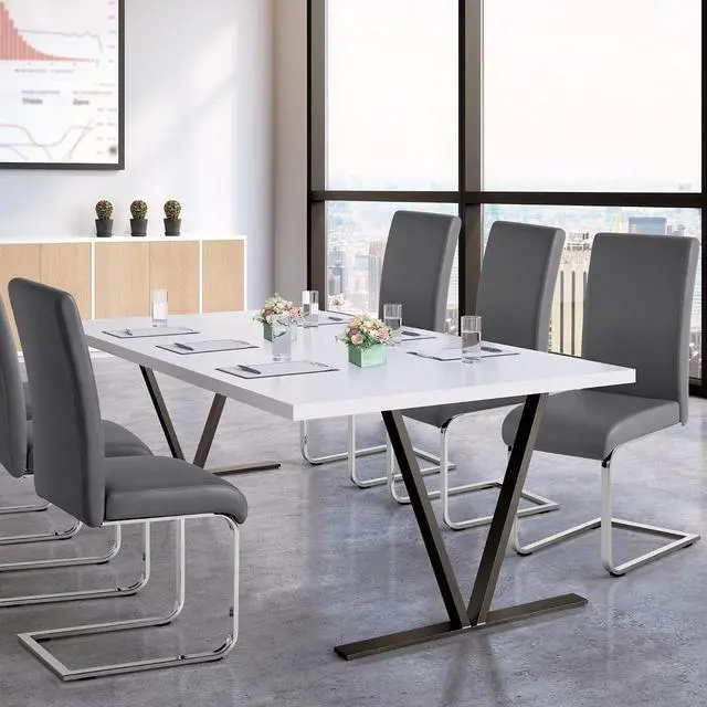 Alt view image 2 of 7 - Yaheetech 6pcs Office Chairs Armless Chairs Leather Upholstered Seat and Metal Legs Side Chairs with High Back Modern, Gray