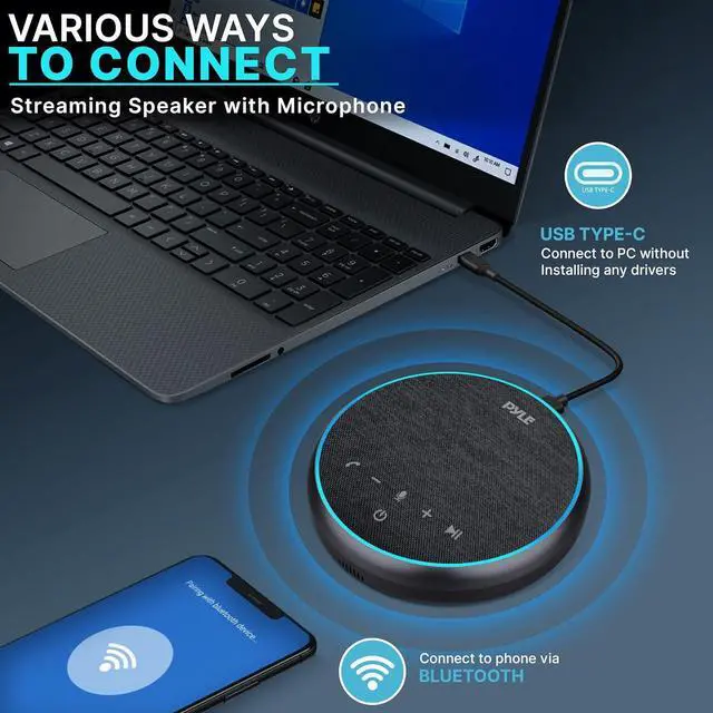 Alt view image 2 of 7 - PyleUsa Conference Speaker Bluetooth Speakerphone - Multipurpose Conference & Streaming Speaker,Noise Canceling Swiss Immersive Crisp Voice Pickup for Office,Travel,Home, w/USB-C,Aux Cables - PSCN42