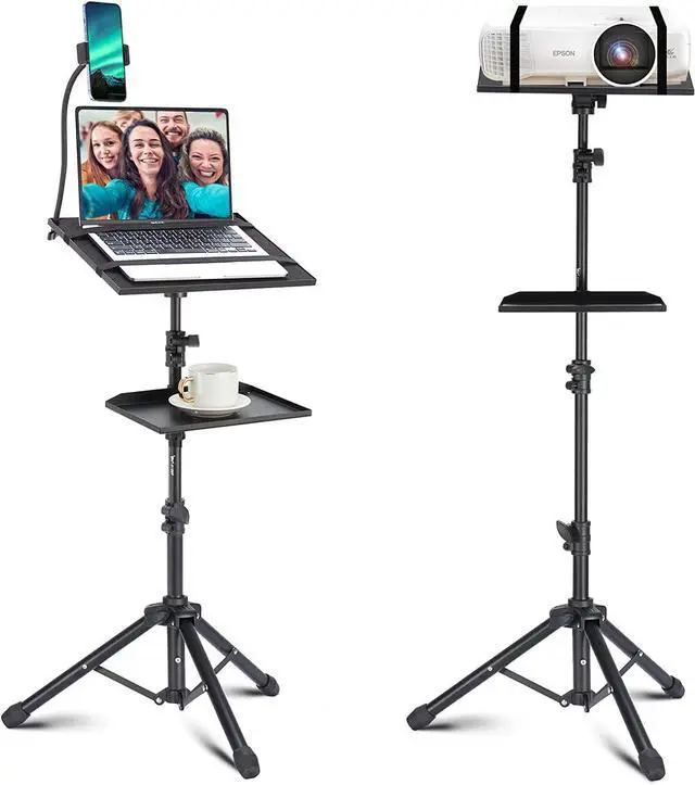 Main image of Projector Tripod Stand, Lusweimi 50 Laptop Stand with 2 Shelves for Projector, iPad, DJ Equipment, Portable Adjustable Floor Stand with Gooseneck Phone Holder for Office, Home, Stage or Studio