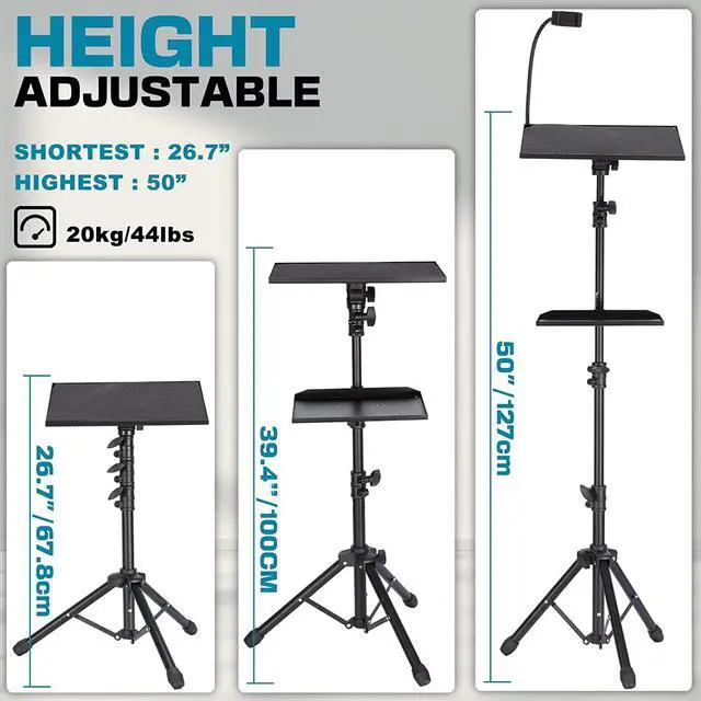 Alt view image 2 of 7 - Projector Tripod Stand, Lusweimi 50 Laptop Stand with 2 Shelves for Projector, iPad, DJ Equipment, Portable Adjustable Floor Stand with Gooseneck Phone Holder for Office, Home, Stage or Studio