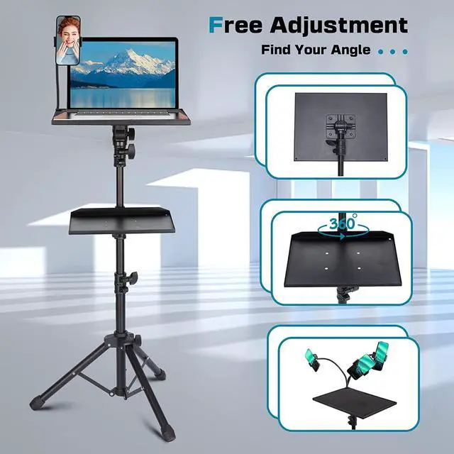 Alt view image 3 of 7 - Projector Tripod Stand, Lusweimi 50 Laptop Stand with 2 Shelves for Projector, iPad, DJ Equipment, Portable Adjustable Floor Stand with Gooseneck Phone Holder for Office, Home, Stage or Studio