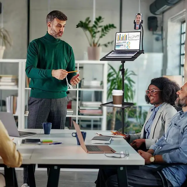 Alt view image 7 of 7 - Projector Tripod Stand, Lusweimi 50 Laptop Stand with 2 Shelves for Projector, iPad, DJ Equipment, Portable Adjustable Floor Stand with Gooseneck Phone Holder for Office, Home, Stage or Studio