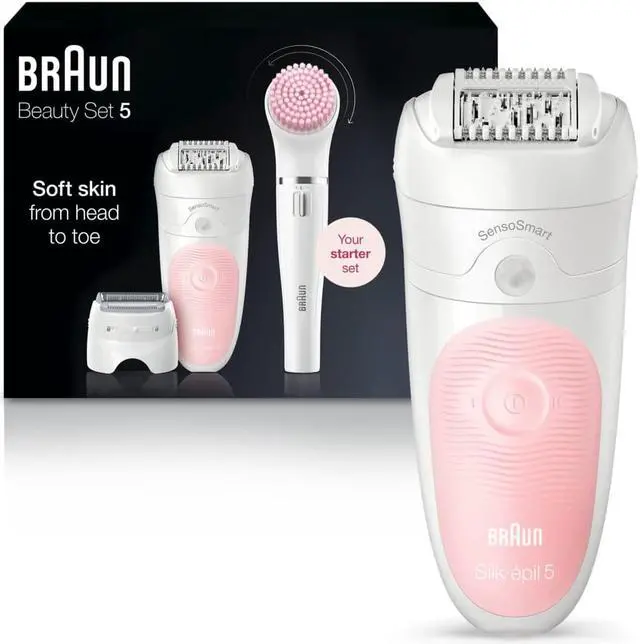 Main image of Braun SE5-895 Epilator, Hair Removal Device, Epilator for Women, Includes Shaver and Facial Cleansing Exfoliator Brush Attachments, Waterproof, Cordless and Rechargeable