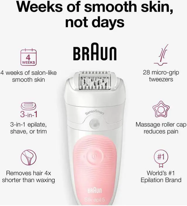 Alt view image 3 of 6 - Braun SE5-895 Epilator, Hair Removal Device, Epilator for Women, Includes Shaver and Facial Cleansing Exfoliator Brush Attachments, Waterproof, Cordless and Rechargeable