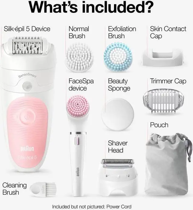 Alt view image 2 of 6 - Braun SE5-895 Epilator, Hair Removal Device, Epilator for Women, Includes Shaver and Facial Cleansing Exfoliator Brush Attachments, Waterproof, Cordless and Rechargeable