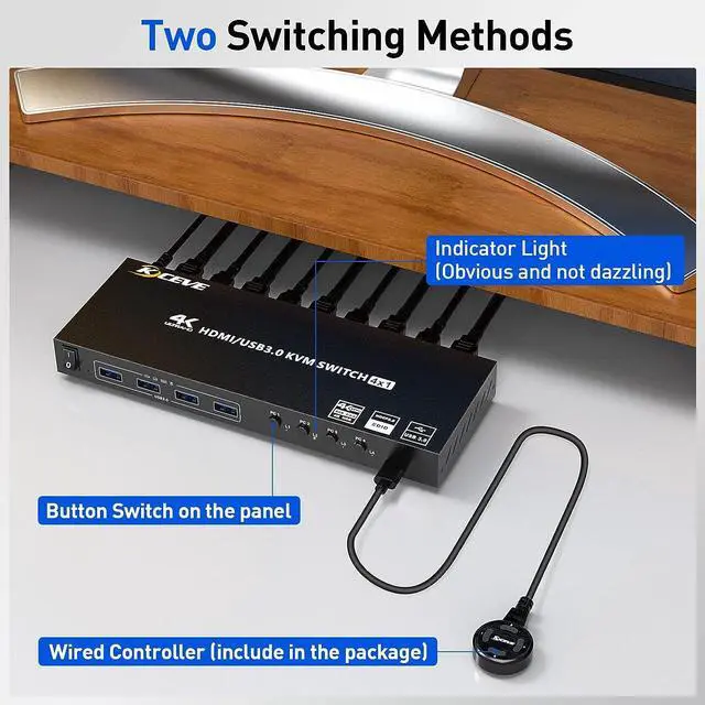 Alt view image 4 of 7 - USB 3.0 KVM Switch HDMI 4 Port Support 4K@60Hz 2K@120Hz RGB 4:4:4 Simulation EDID, HDMI USB Switch 4 in 1 Out and 4 USB 3.0 Port for Keyboard Mouse Printer,with Controller,USB3.0 Cables and HDMI Cable