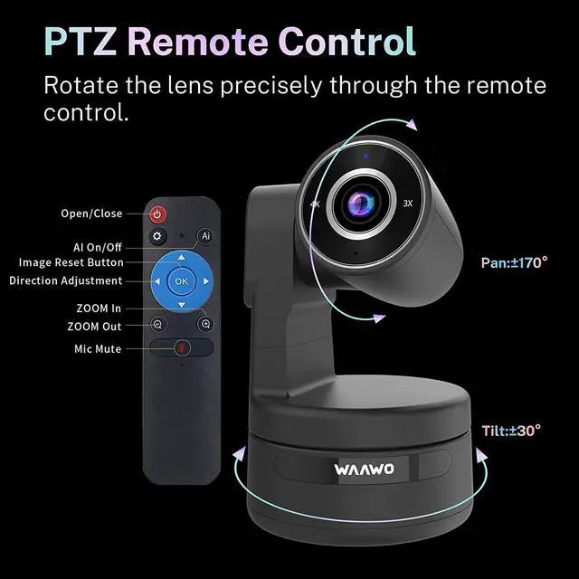 Alt view image 2 of 6 - Zoomable PTZ 4K Webcam, Remote Control, AI-Auto Framing, Plug and Play, USB A/C Camera with Folded Bracket for Desktop, External Tripod