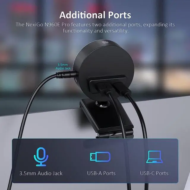 Alt view image 4 of 7 - NexiGo N960E Pro 60FPS Webcam with Mic/Headset Jack and Extra USB Port, 1080P Web Camera with Light, Fast AutoFocus, Built-in Privacy Cover, for Zoom Meeting Skype Teams Twitch