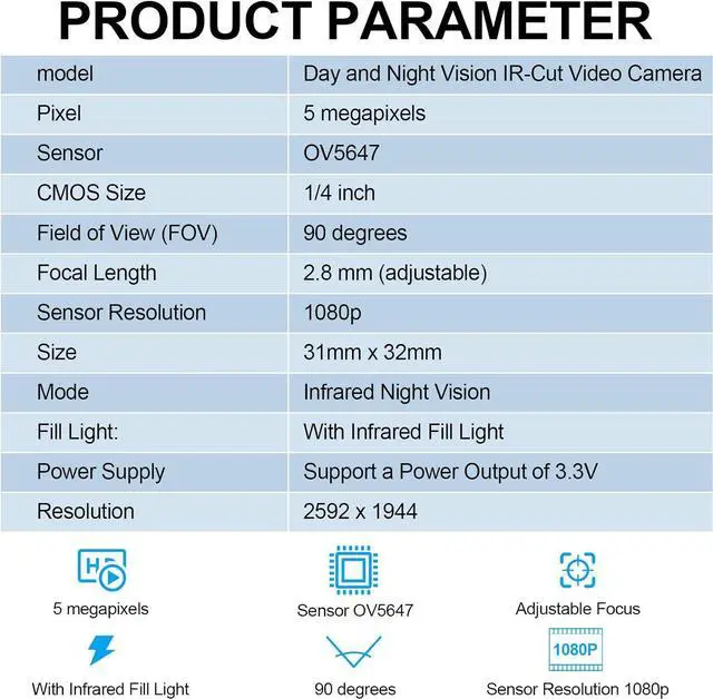 Alt view image 6 of 7 - 2 Sets for Raspberry PI Camera 1080P Webcam 5MP OV5647 Sensor Day and Night Vision IR-Cut Video Camera Focus Adjustment for Raspberry Pi RPi 4 3 B B+ 2B 3A+ 2 1 Camera