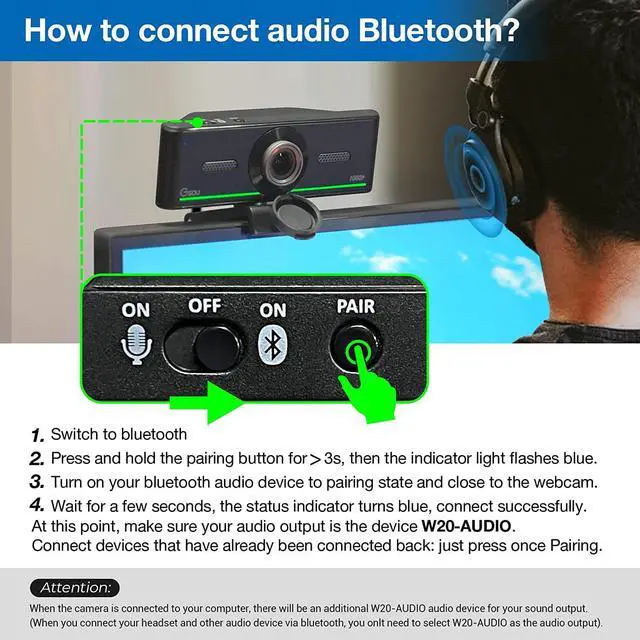 Alt view image 7 of 7 - Gsou 1080P Webcam with Microphone for Desktop, Computer Webcam Connect Bluetooth Headset/Earphone/Speaker, Streaming Webcams for Live Skype Teams, PC Web Camera for Streaming,Bluetooth only for Audio