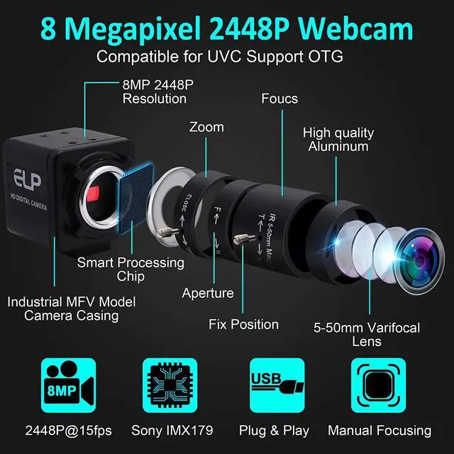 Alt view image 7 of 7 - USB Camera 8MP 10X Optical Zoom Webcam 5-50mm Varifocal Lens, USB Webcam With CMOS IMX179 Image Sensor Video Conference Close-up Web Cameras Plug and Play For Windows Linux Raspberry Pi Camera