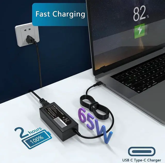 Alt view image 2 of 6 - 65W USB-C Laptop Charger Compatible with  Laptop Charger Latutide 5000 7000/XPS 13 15 5420 5550 5530 7450 7420 2in1 9360 9350 Chromebook 3100 65W Watt Type C AC Power Adapter Cord