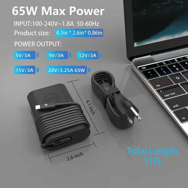Alt view image 2 of 7 - 65W 45 Watt AC Adapter for  Laptop Charger USB C -  Computer Charger for Latitude 5420 7420 5540 5440 3540 7440 5450 5430 5520 5530 7430 E5430 E5440 Chromebook 3100 XPS 13 Type C Power Cord
