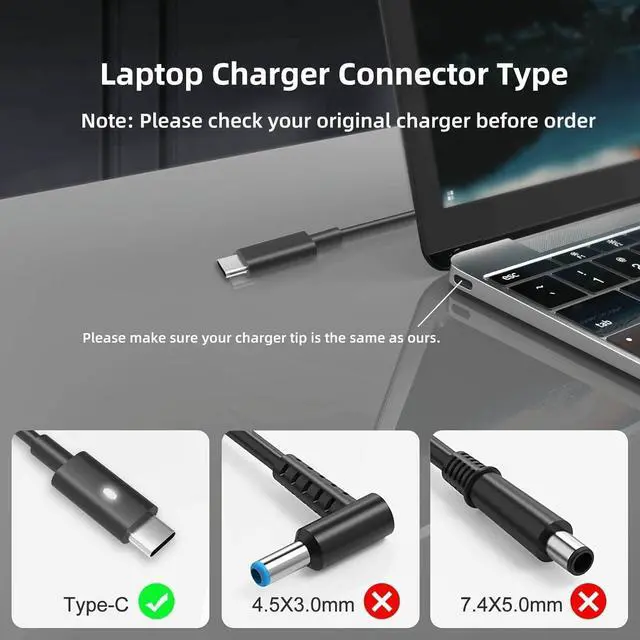 Alt view image 4 of 7 - 65W 45 Watt AC Adapter for  Laptop Charger USB C -  Computer Charger for Latitude 5420 7420 5540 5440 3540 7440 5450 5430 5520 5530 7430 E5430 E5440 Chromebook 3100 XPS 13 Type C Power Cord