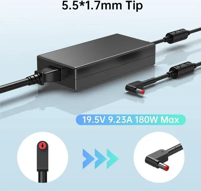 Alt view image 2 of 5 - 180W Charger Power Supply Fit for Acer Nitro 5, Predator Helios 300 PH315-54 53, G3 571 572 573, Triton 300 SE PT314-52S 51S Gaming Laptop AC Adapter (Red Tip 5.5×1.7mm, 19.5V 9.23A)