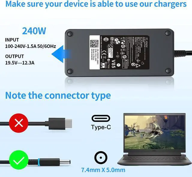 Alt view image 2 of 6 - 240W 19.5V 12.3A Laptop Charger Replacement for Dell Alienware M17 R1 R2 R3 R4 R5 M17X R2 R3 M18X Area-51m R2 G5 G7 Adapter Power