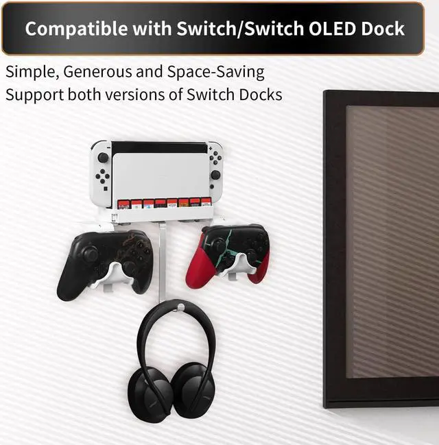 Alt view image 2 of 7 - Hosanwell Switch Wall Mount, Wall Mount for Switch/Switch OLED, with Hooks for Hanging Joy-Cons, Dual Controller Holder with Non-Slip Mat, White