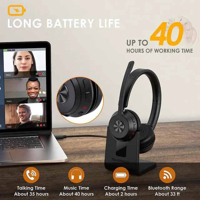 Alt view image 5 of 7 - Bluetooth Headset V5.1, Wireless Headset with Noise Canceling Microphone, 40 Hrs Work Time Office Headset with Bluetooth Dongle & Charging Base, AptX HD On-Ear Headphones with Mute Button (Black)