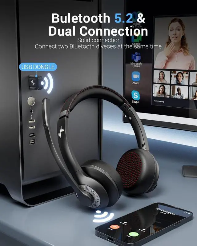 Alt view image 2 of 6 - Wireless Headset with AI Noise Cancelling Microphone Bluetooth Headset - Bluetooth V5.2 Headphones with USB Dongle & Mic Mute for Computer/Laptop/PC/iPhone/Android/Cell Phones/Zoom/Ms Teams/Skype