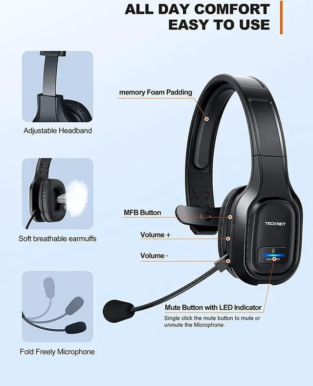 Alt view image 3 of 7 - TECKNET Trucker Bluetooth Headphones with Microphone Noise Canceling Wireless On Ear Headset, Hands Free Wireless Headset for Cell Phone Computer Office Home Call Center Skype (Black)
