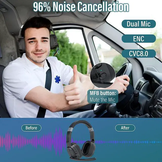 Alt view image 2 of 7 - Trucker Bluetooth Headset, Headset with Microphone Noise Canceling(ENC) Dual Mic, Mute Button, 3 EQ Music Modes, Single and Ear Wireless Headphones for Office Home Work