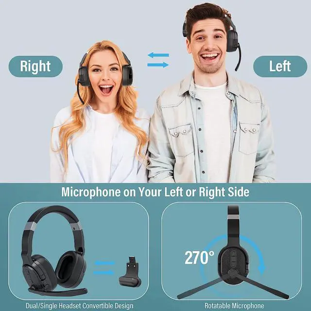 Alt view image 4 of 7 - Trucker Bluetooth Headset, Headset with Microphone Noise Canceling(ENC) Dual Mic, Mute Button, 3 EQ Music Modes, Single and Ear Wireless Headphones for Office Home Work
