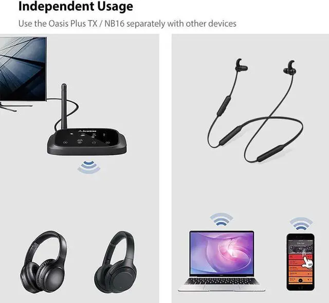 Alt view image 6 of 7 - Avantree HT5006 Wireless Earbuds for TV Listening, Passthrough Support, 20Hrs Neckband Headphones with Bluetooth Transmitter for Optical Digital, RCA, 3.5mm AUX TVs, Plug n Play, No Audio Delay