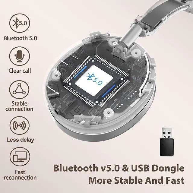 Alt view image 5 of 6 - Bluetooth Headset, Wireless Headphones with Microphone Noise Canceling & USB Dongle, Wireless Headset with Mic Mute & Charging Base for Computers PC/Phones/Zoom/Skype/MS teams/Google Meet Work Headset
