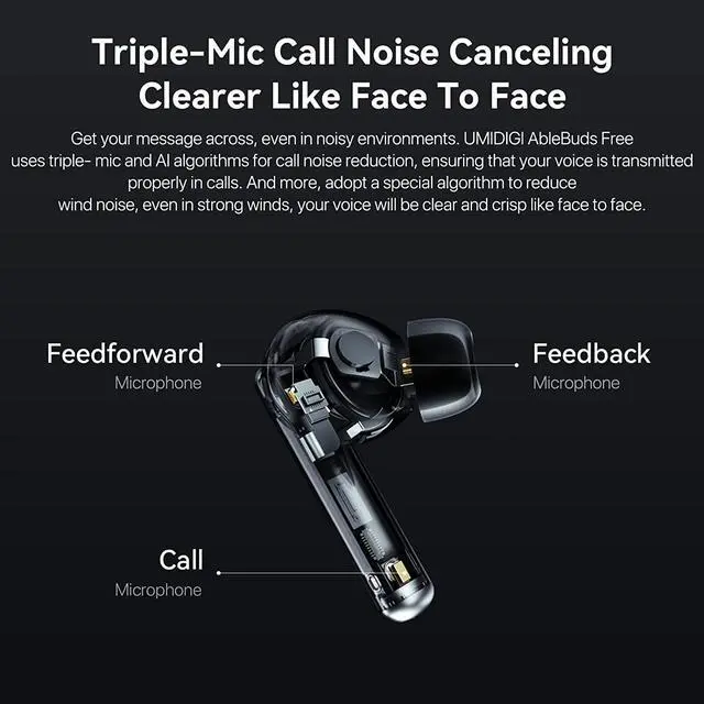 Alt view image 3 of 7 - UMIDIGI Wireless Earbuds,Ablebuds Free Noise Canceling Bluetooth Earbuds, 45dB Active Noise Cancellation,Various Scenarized ANC, AI-Enhanced Calls,Up to 27 Hours Playtime, Bluetooth 5.2 Headphone.
