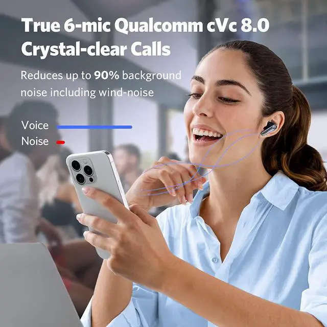 Alt view image 5 of 7 - EarFun Air Pro 3 Noise Cancelling Wireless Earbuds, Qualcomm® aptX Adaptive Sound, 6 Mics cVc 8.0 ENC, Bluetooth 5.3 Earbuds, Multipoint Connection, 45H Playtime, App Customize EQ, Wireless Charging
