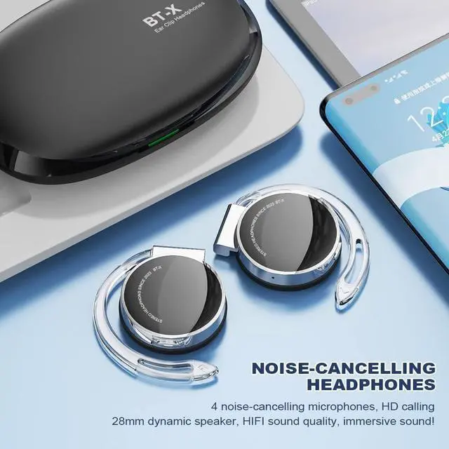 Alt view image 3 of 7 - Clip on Headphones Bluetooth V5.3, Open Ear Earphones Wireless with Earhooks, Ear Clip On-Ear Headphones, Sports Headset Bluetooth with 4 Microphones, Noising Cancelling/Long Battery Life(Black)