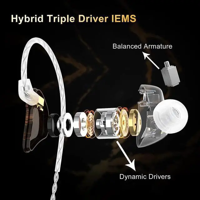 Alt view image 2 of 7 - MMCX in Ear Monitor Headphones Triple Driver IEM in-Ear Earphone for Musician Drummer Noise-Isolation HiFi Stereo Earbuds with Two Detachable Cables(Golden Obsidian)