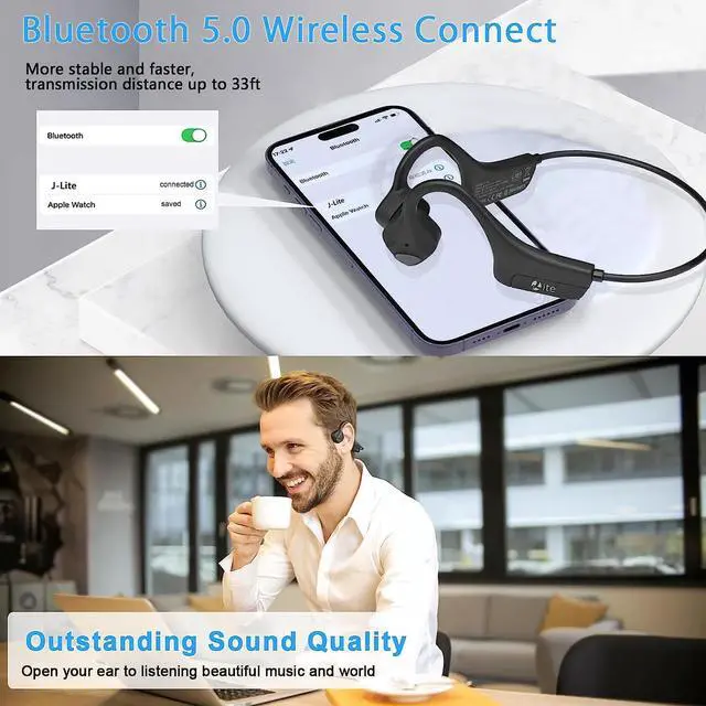 Alt view image 4 of 7 - Bluetooth Bone Conduction Headphones Waterproof Open Ear Headphones Wireless Sports Headset Sweatproof Earphones with Mic Induction Conducting Black Headphone for Gym Running