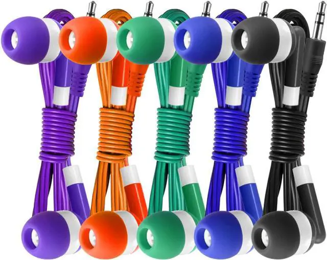 Main image of Keewonda 100 Pack Bulk Earbuds Headphones Assorted 5 Colors Individually Wrapped Disposable Earphones for Classroom, School, Library, Hospital, Students, Kids - 3.5mm Jack Tangle-Free