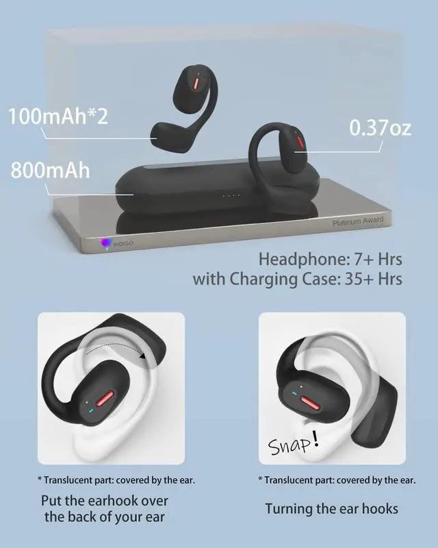 Alt view image 6 of 7 - Open Ear Headphones, Bluetooth 5.3 Earbuds with 800mAh Charging Case, IPX6 Waterproof Wireless Earbuds Call Clear with Built-in Mic,Open Wearable Stereo Wireless Earphones with Earhooks for Sports