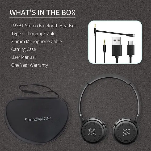 Alt view image 7 of 7 - SoundMAGIC P23BT Portable On Ear Bluetooth Headphones CVC Noise Canceling Microphone HiFi Sound Stable Wireless Signal Connection Long Playtime with Detachable Cable for Game Black