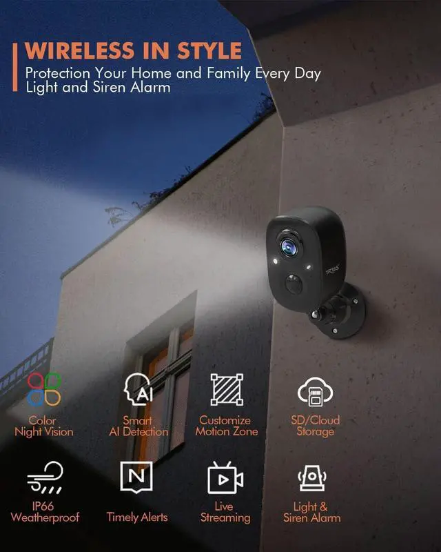 Alt view image 2 of 7 - Dzees Security Camera Outdoor Wireless - Upgrade 2K 3MP Battery Powered WiFi Outdoor Camera Wireless, Spotlight, Siren, AI Dectection, Color Night Vision, IP66 Waterproof Cloud/SD-Black