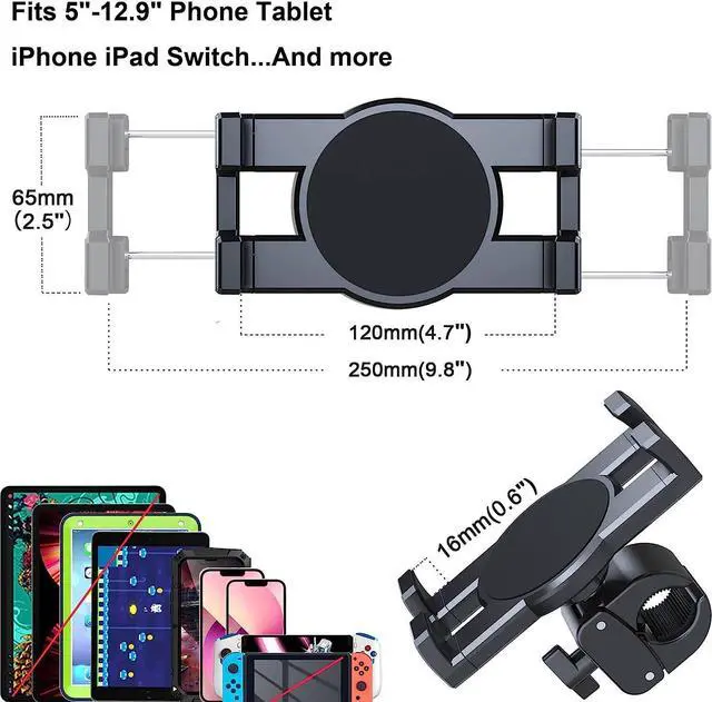 Alt view image 4 of 7 - Timewall Tablet Phone Mount with Clamp, Universal iPad iPhone Holder Stand for Spin Bike, Stationary Exercise Bicycle, Treadmill, Elliptical, Mic Stand, Boat, Handlebar, Fits 5-12.9" Tab Phone