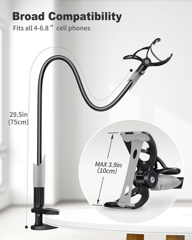Alt view image 4 of 6 - SAIJI Gooseneck Bed Phone Holder, Flexible Long Arm Phone Mount for Desk, Clip Bracket Clamp Stand for 4.0-6.5'' Mobile Cell Phone Stand Document Camera Nintendo Switch (Black)
