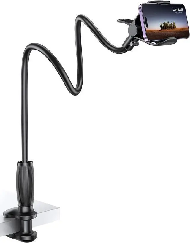 Main image of Gooseneck Phone Holder for Bed - [Upgraded Stable Clip] for Desk Headboard Bed Bedside Table Flexible Gooseneck Long Arm Stand Overhead Cell Phone Clamp Mount for All 4-7 Devices