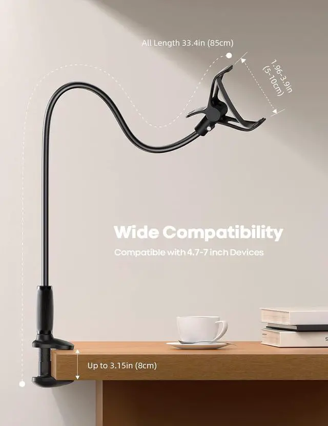 Alt view image 5 of 7 - Gooseneck Phone Holder for Bed - [Upgraded Stable Clip] for Desk Headboard Bed Bedside Table Flexible Gooseneck Long Arm Stand Overhead Cell Phone Clamp Mount for All 4-7 Devices