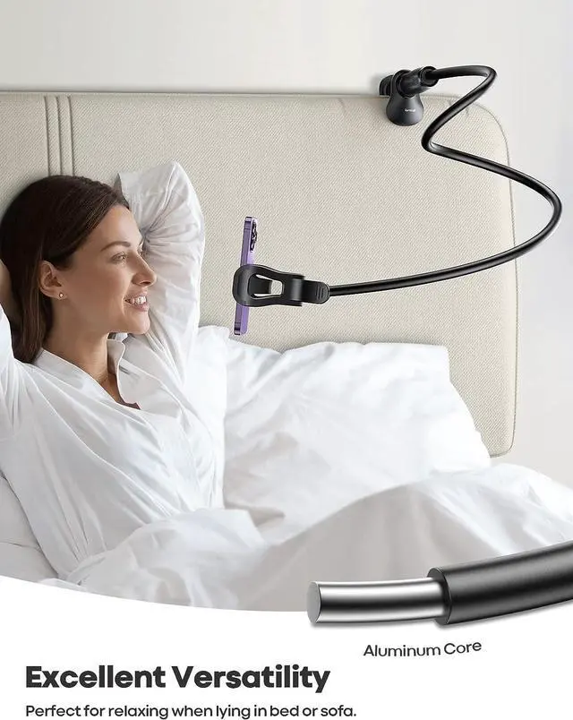 Alt view image 4 of 7 - Gooseneck Phone Holder for Bed - [Upgraded Stable Clip] for Desk Headboard Bed Bedside Table Flexible Gooseneck Long Arm Stand Overhead Cell Phone Clamp Mount for All 4-7 Devices