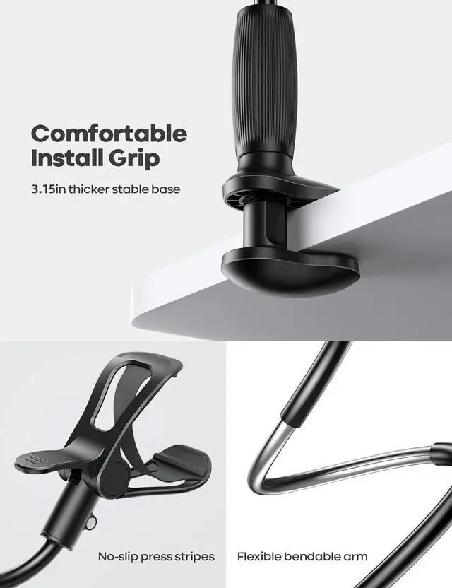 Alt view image 6 of 7 - Gooseneck Phone Holder for Bed - [Upgraded Stable Clip] for Desk Headboard Bed Bedside Table Flexible Gooseneck Long Arm Stand Overhead Cell Phone Clamp Mount for All 4-7 Devices