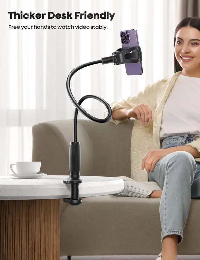 Alt view image 2 of 7 - Gooseneck Phone Holder for Bed - [Upgraded Stable Clip] for Desk Headboard Bed Bedside Table Flexible Gooseneck Long Arm Stand Overhead Cell Phone Clamp Mount for All 4-7 Devices