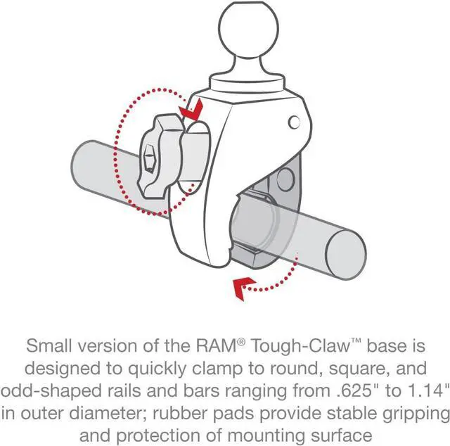 Alt view image 4 of 7 - RAM MOUNTS Tough-Claw Small Clamp Mount Base B Size 1" Ball, Fits 0.625"-1.14" Rails (RAP-B-400U)